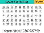 Local festivities icon set with community celebrations, neighborhood festivals, town events, regional fairs, cultural gatherings, annual parades, folklore festivals icon. Simple line vector 
