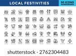 Local festivities icon set with community celebrations, neighborhood festivals, town events, regional fairs, cultural gatherings, annual parades, folklore festivals icon. Simple handdrawn vector 
