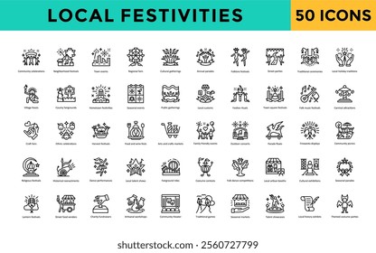 Local festivities icon set with community celebrations, neighborhood festivals, town events, regional fairs, cultural gatherings, annual parades, folklore festivals icon. Simple line vector 
