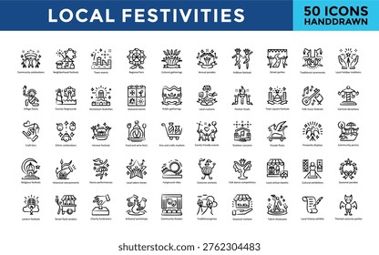 Local festivities icon set with community celebrations, neighborhood festivals, town events, regional fairs, cultural gatherings, annual parades, folklore festivals icon. Simple handdrawn vector 
