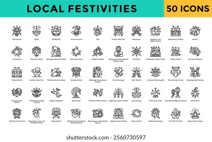 Local festivities icon set with rio carnival, diwali, oktoberfest, venice carnival, holi, chinese new year, mardi gras, songkran thai water festival, glastonbury festival icon. Simple line vector 
