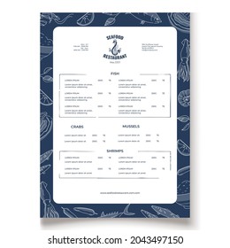 Local Fish and Seafood Restaurant Menu template. Typography Layouts Bundle with Hand Drawn set of elements with trout, shell, shrimp, tuna and salmon sketches. Vector illustration