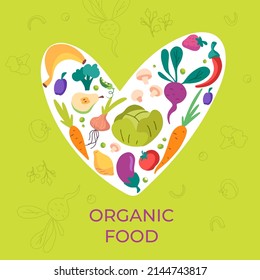 Local food concept. Organic natural fruits and vegetables in heart shape design. Vector cute flat Illustration. Carrot, broccoli, banana, tomato, plum, cucumber, onion.