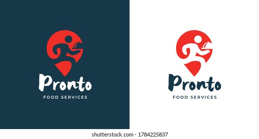 Local food delivery logo template design. Man running with meal dish icon. Restaurant deliver emblem. Catering company services sign. Vector illustration.