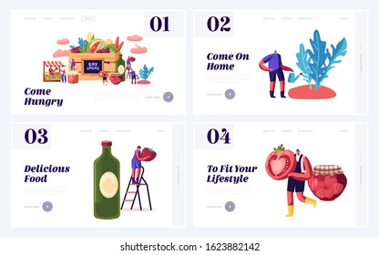 Local Food Eating Website Landing Page Set. Farmers Grow Traditional Environment Homestead Fruit, Greenery and Vegetable in Village or Countryside Web Page Banner. Cartoon Flat Vector Illustration