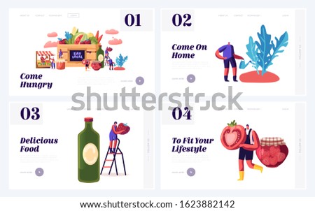 Local Food Eating Website Landing Page Set. Farmers Grow Traditional Environment Homestead Fruit, Greenery and Vegetable in Village or Countryside Web Page Banner. Cartoon Flat Vector Illustration