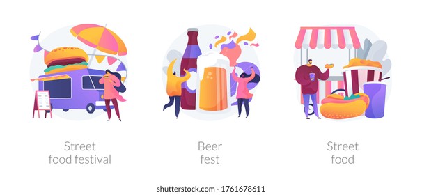 Local food event abstract concept vector illustration set. Street food festival, beer fest, truck service, chef prepare meals, international menu, street brewing, art and music abstract metaphor.