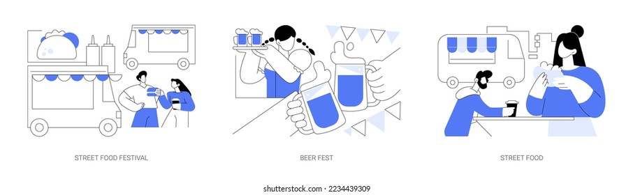 Local food event abstract concept vector illustration set. Street food festival, beer fest, truck service, chef prepare meals, international menu, street brewing, art and music abstract metaphor.