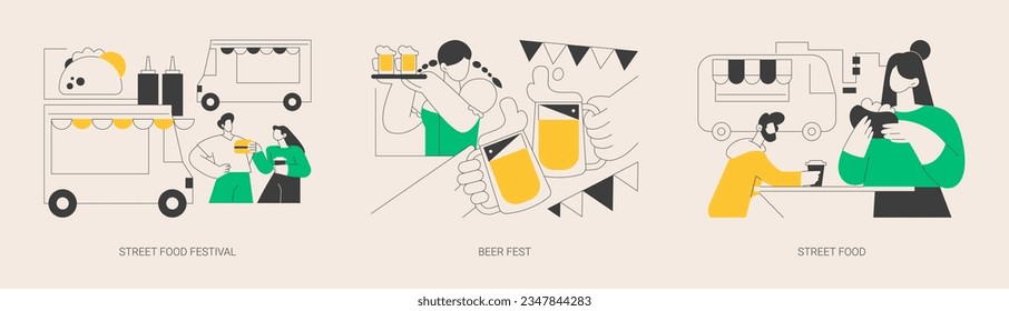 Local food event abstract concept vector illustration set. Street food festival, beer fest, truck service, chef prepare meals, international menu, street brewing, art and music abstract metaphor.