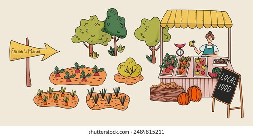 Local food, Farmer's market concept. Female farmer selling fresh fruits and vegetables at booth. Garden and garden beds. Doodle style hand drawn vector illustration.
