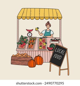 Local food, Farmer's market concept. Farmer selling harvest at stall. Street food market booth with vegetables and fruits. Doodle style hand drawn vector illustration.
