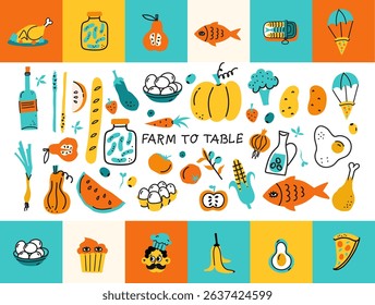 Local food, Farmer's market concept. Street food market booth with vegetables and fruits. Doodle style hand drawn vector illustration.