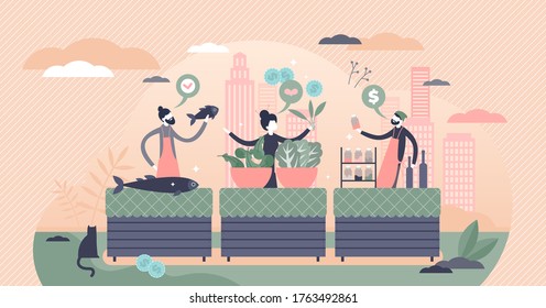 Local food market with bio products in flat tiny persons concept vector illustration. Healthy raw organic vegetable harvest on street stand. Domestic biological retail sale and shopping in urban town.