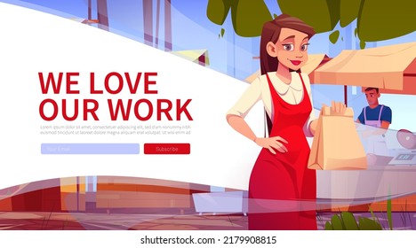 Local food market website with woman seller and wooden stalls with farm products. Vector landing page of street marketplace with cartoon illustration of girl merchant and kiosks