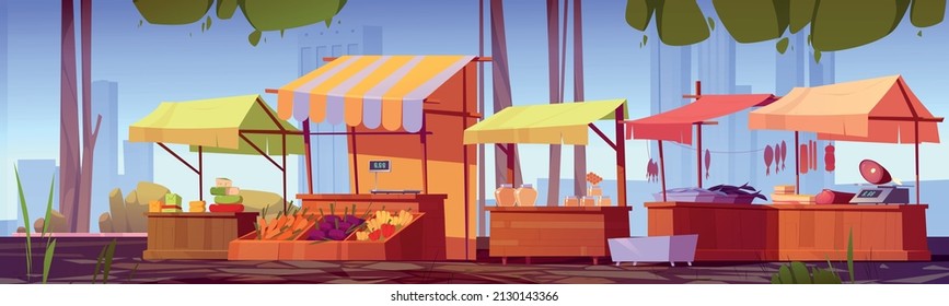 Local food market with wooden stalls with honey, vegetables, meat, fish and cheese. Vector cartoon summer landscape with street marketplace with farm produce on kiosks counters