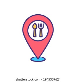 Local food RGB color icon. Dining locations. Restaurant, cafe, coffee cart, cafeterias. Food and beverage locations. Cuisines variety. Places offering grab-and-go items. Isolated vector illustration