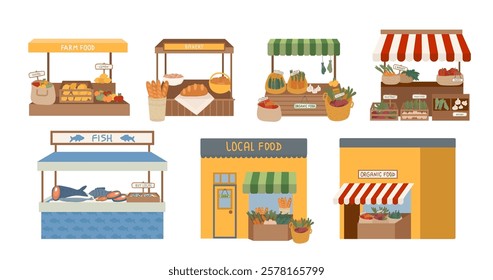 Local food street markets, farm products wooden stalls, bakery building exterior shops set. Fish, organic natural greenery, vegetables and fruits arrangement on variety of stands vector illustration