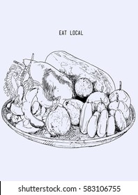 Local fruit in Basket, Hand drawn Sketch Line art illustration Vector style, Asian fruit Traditional.