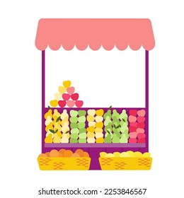 Local fruit market stall with apples, pears, lemons and oranges. Flat cartoon vector illustration