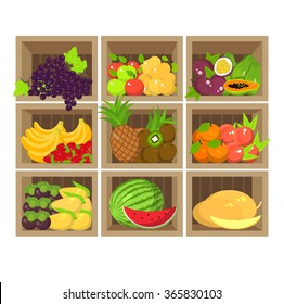 Local fruit stall. Fresh organic food products shop on shelves. Flat vector illustration