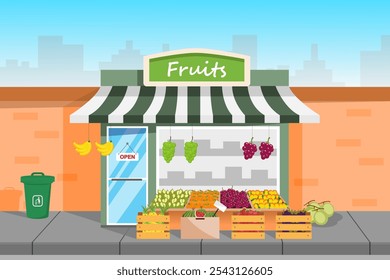 Local fruit store building on pedestrian area. Vector illustration.