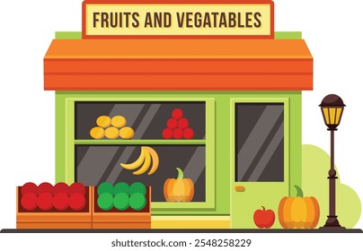 Tienda local de frutas y verduras que vende productos frescos que muestran calabazas, manzanas, plátanos y tomates con una lámpara de calle cercana