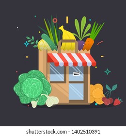 Local fruit and vegetables store building. Groceries crates in front of storefront. Flat isolated vector illustration.