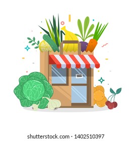 Local fruit and vegetables store building. Groceries crates in front of storefront. Flat isolated vector illustration.