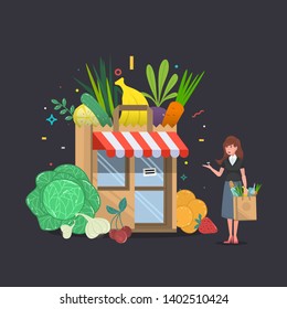 Local fruit and vegetables store building with with a woman. Groceries crates in front of storefront. Flat isolated vector illustration.