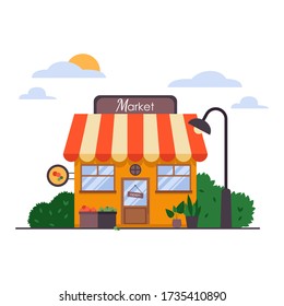 Edificio de tiendas de frutas y verduras locales. Ilustración vectorial aislada plana sobre fondo blanco.
Fachada de tienda. Concepto de plantilla para el sitio web, publicidad y ventas.