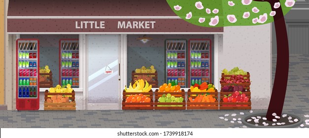 Edificio de tiendas de frutas y verduras locales. Los comestibles crían frente a la tienda. Ilustración vectorial aislada plana