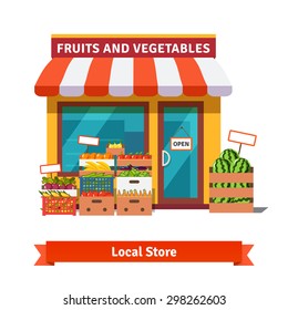 Local fruit and vegetables store building. Groceries crates in front of storefront. Flat isolated vector illustration on white background.