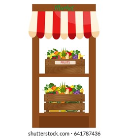 Local fruits stall. Fresh organic food products shop. Local market farmer selling fruits produce on his stall with awning. promote healthy eating concept. Food market.