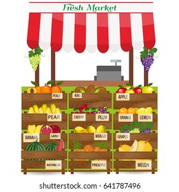 Local fruits stall. Fresh organic food products shop. Local market farmer selling fruits produce on his stall with awning. promote healthy eating concept. Food market.