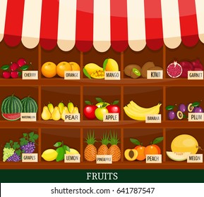 Local fruits stall. Fresh organic food products shop. Modern flat style realistic. promote healthy eating concept. Food market shop
