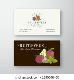 Local Fruits and Vegetables Sketch Abstract Vector Sign or Logo and Business Card Template. Premium Stationary Realistic Mock Up. Hand Drawn Pear, Apple, Tomato, Basil and Garlic. Isolated.