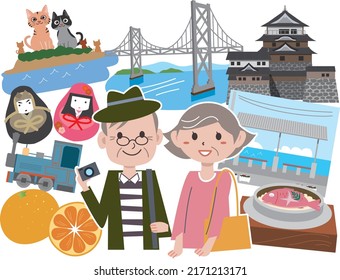 Local gourmet sightseeing illustration set in Ehime.

