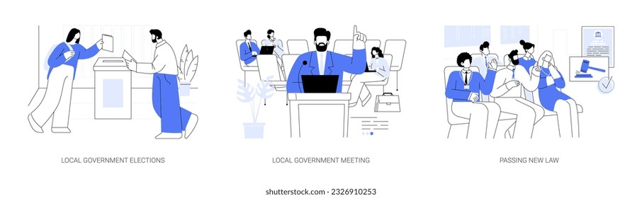 Local government representatives abstract concept vector illustration set. Local government elections, meeting with authority, passing new law, city council, legislative power abstract metaphor.