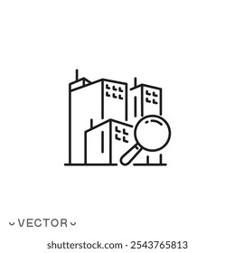 ícone de pesquisa do governo local, edifício da cidade com lupa, símbolo de linha fina isolado no fundo branco, traço editável eps 10 ilustração vetorial