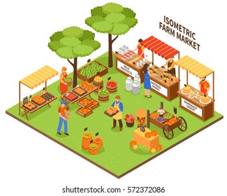 Local Growing Outdoor Funfair Market Isometric Composition With Farmer Greengrocer Characters Selling Natural Organic Food Products Vector Illustration