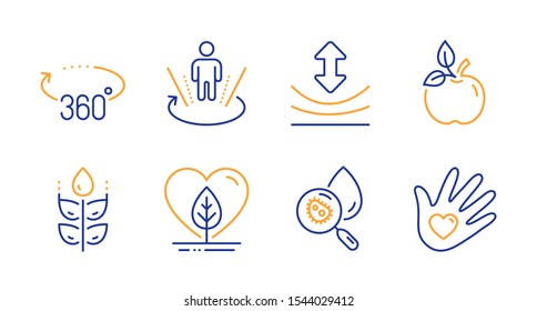 Local grown, Gluten free and Resilience line icons set. Eco food, Augmented reality and 360 degrees signs. Water analysis, Social responsibility symbols. Organic tested, Bio ingredients. Vector