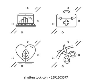 Local grown, Graph laptop and First aid line icons set. Scissors sign. Organic tested, Mobile report, Medicine kit. Cutting ribbon. Science set. Line local grown outline icon. Vector
