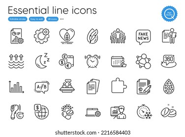 Iconos de línea de servicio de presentaciones y portátiles de tamaño local. Colección de píldoras de Coronavirus, dinero mundial, iconos del reloj de alarma. Temporizador de congelación, contabilidad, elementos web de la Luna. Evaporación. Vector