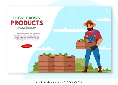 Local grown product webpage banner vector design. Smiling farmer agrarian character collecting harvested fresh ripe vegetable crop in wooden crate for transportation to supermarket for trade