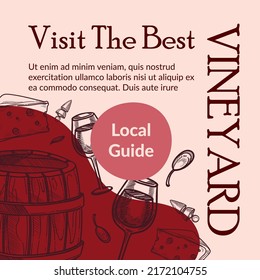 Local guide visit best vineyard in countryside or farm, winemaking culture and tasting of delicious alcoholic beverages. Promotional banner, leaflet or flyer, advertisement vector in flat style