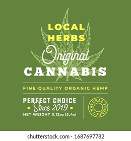 Herbs locales Etiqueta de diseño de vectores abstractos de cannabis. Diseño de fondo de silueta de hoja de cáñamo dibujado a mano y tipografía moderna. Aislado.