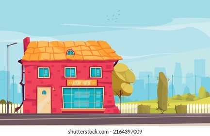 Local Hotel Flat Background With Roadside Building Of Small Private Hotel Designed For Overnight Stays Vector Illustration