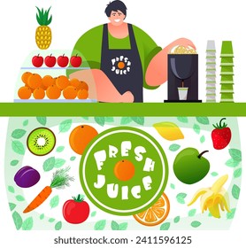 Local kiosk with man background, isolated on white vector illustration. Outdoor market, fresh juice service in retail shop. Stall sale in store, vegetable and fruit product business.