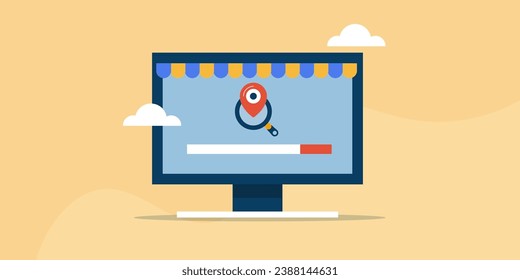 Local listing on search result, Local business SEO, Search engine displaying business location on map - vector illustration with icons