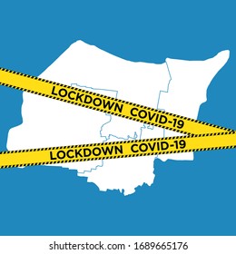 Lokales Sperrkonzept für die Stadt, zentrale Java, Indonesien. Coronavirus (COVID-19) Vektorillustration, Illustration